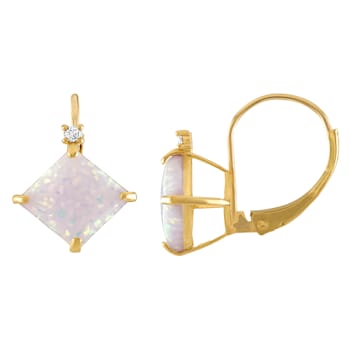 10K Yellow Gold Lab Created Opal and Diamond Princess Leverback Earrings 1.80ctw