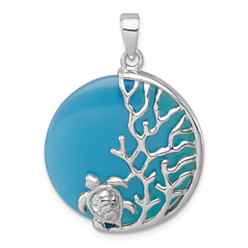 Rhodium Over Sterling Silver Blue Agate Turtle and Reef Round Pendant
