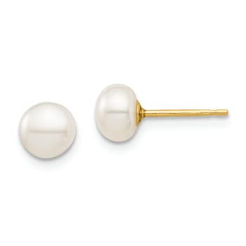 14K Yellow Gold 5-6mm White Button Freshwater Cultured Pearl Stud Post Earrings