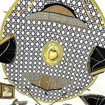 Hermes Les Voitures A Transformation Black and Gold Carriages Silk Scarf