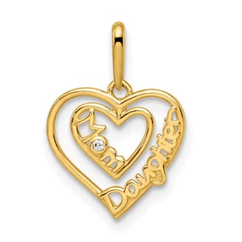 14K Yellow Gold Cubic Zirconia Mom and Daughter Heart Pendant