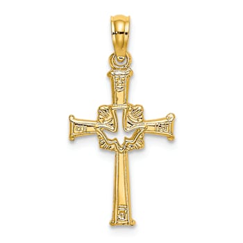 10K Yellow Gold Polished and Textured Cross with Dove Charm