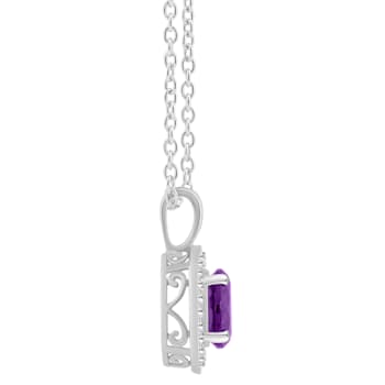 7mm Round Amethyst 1/8 ctw Diamond Rhodium Over Sterling Silver Halo
Pendant with Chain