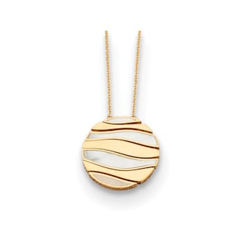 14K Yellow Gold Mother of Pearl 26mm Wave Circle 18 Inch Necklace