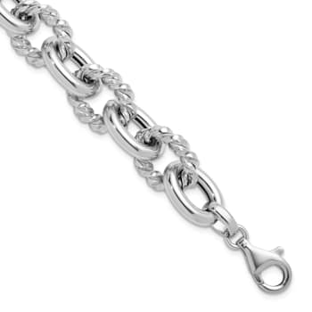 Rhodium Over Sterling Silver Polished and Twisted Oval Link Bracelet