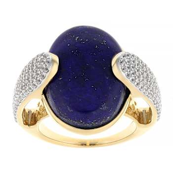Lapis Lazuli Large Oval And White Zircon Ring In 18K Gold Over Sterling
Silver 1.44ctw