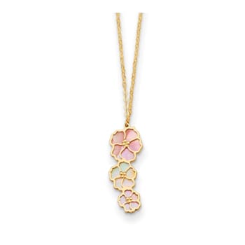 14K Yellow Gold Pink and White Mother of Pearl Flowers 18 Inch Necklace