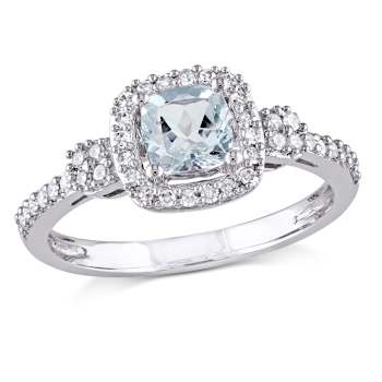 Aquamarine and Diamond 10K White Gold Halo Ring 0.69ctw