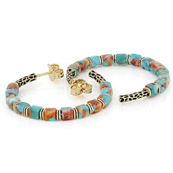 Turquoise And Spiny Oyster Shell Hoop Earrings In 18K Gold Over Brass