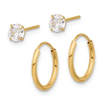 14k Yellow Gold Polished 4.5mm Cubic Zirconia Studs and Small 7/16"
Endless Hoop Earring Set