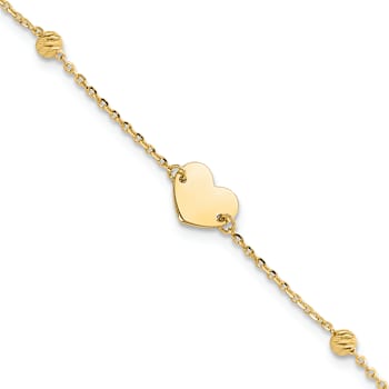 14K Yellow Gold Polished and Diamond-cut Heart and Beads Plus 1 Inch
Extension Bracelet