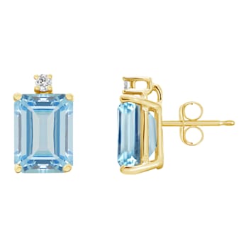 8x6mm Emerald Cut Aquamarine with Diamond Accents 14k Yellow Gold Stud Earrings