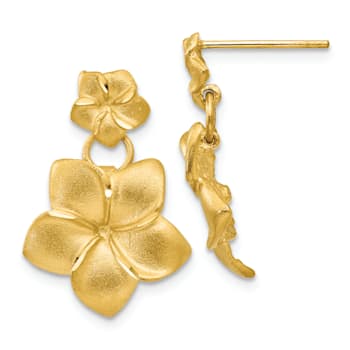 14k Yellow Gold Satin and Diamond-Cut Plumeria Dangle Earrings