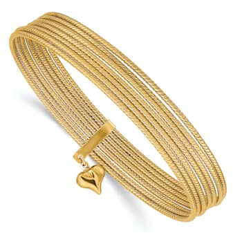 14k Yellow Gold Oversized Slip-on Set of 7 Textured Bangles with Dangle Heart