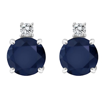 5mm Round Sapphire with Diamond Accents 14k White Gold Stud Earrings