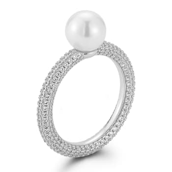 Rachel Zoe Freshwater Pearl Solitaire Pave Band Ring in Rhodium Over
Sterling Silver