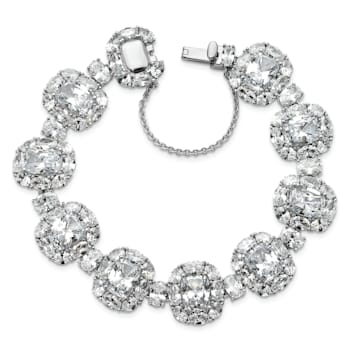 Rhodium Over Sterling Silver Polished Fancy Cubic Zirconia Halo Cluster Bracelet