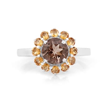 Brown Smoky Quartz and Citrine Rhodium Over Sterling Silver Flower
Design Ring