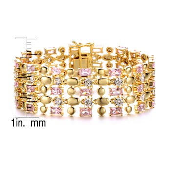Pink CZ Wide Geometric Mesh Link Bracelet In 14K Gold Over Brass
