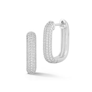 Rachel Zoe Pave CZ Rectangular Hoop Earrings in Rhodium Over Sterling Silver