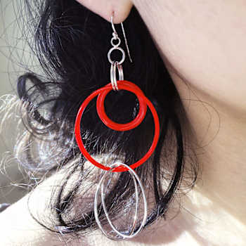 Rhodium Over Sterling Silver Acrylic Axis Drop Earrings in Red