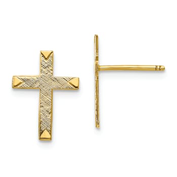 14k Yellow Gold Brushed and Textured Finish Cross Stud Earrings