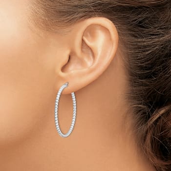 Rhodium Over Sterling Silver Beaded 3x35mm Hoop Earrings