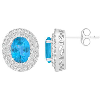 8x6mm Oval Swiss Blue Topaz And White Topaz Rhodium Over Sterling Silver
Double Halo Stud Earrings