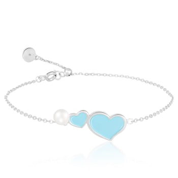 4.5-5mm Blue Enamel Heart and Cultured Freshwater Pearl Silver  Bracelet