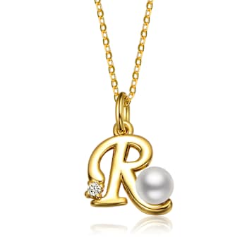 Initial R Pearl And CZ Pendant Necklace In 14K Gold Over Brass