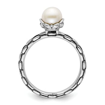 Rhodium Over Sterling Silver Stackable Expressions Patterned White
Freshwater Cultured Pearl Ring