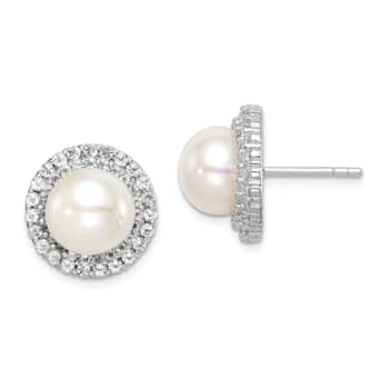 Rhodium Over Sterling Silver 8-9mm White Button Freshwater Cultured
Pearl Cubic Zirconia Earrings