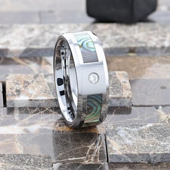 HONOLULU Mother of Pearl Inlay Tungsten Carbide Ring with Beveled Edges
and White Diamond 8mm