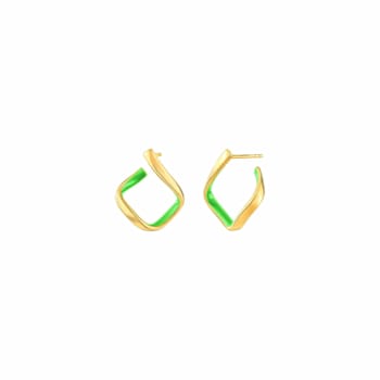 14K Yellow Gold Over Sterling Silver Square Enamel Earrings in Neon Green