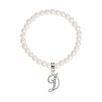 White Faux Pearl Bead Initial Charm Stretch Bracelet