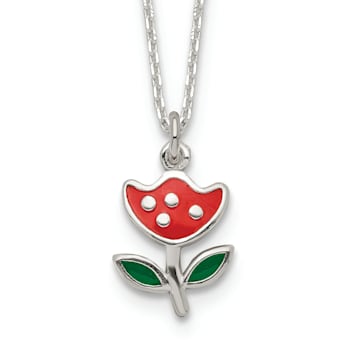 Sterling Silver Polished Red and Green Enameled Flower Children's Necklace