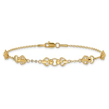 10k Yellow Gold Diamond-Cut Textured Hearts and Beads Link Bracelet
