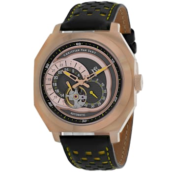 Christian Van Sant Men's Machina Gray Dial, Rose Bezel, Yellow and Black
Leather Strap Watch