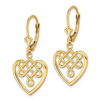 14k Yellow Gold Celtic Knot Heart Dangle Earrings