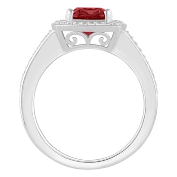 7mm Cushion Garnet 1/4 ctw Diamond Rhodium Over Sterling Silver Halo Ring
