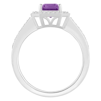 8x6mm Emerald Cut Amethyst 1/5 ctw Diamond Rhodium Over Sterling Silver
Halo Ring