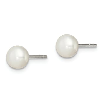 Sterling Silver White Freshwater Cultured Pearl 5-6mm Button Earrings