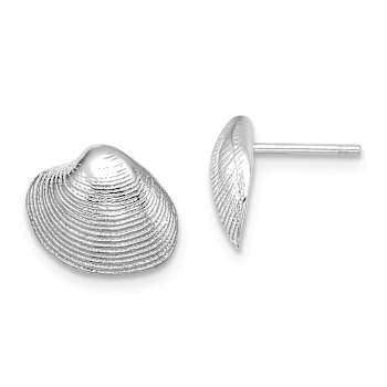 Rhodium Over 14K White Gold Textured Clam Shell Stud Earrings