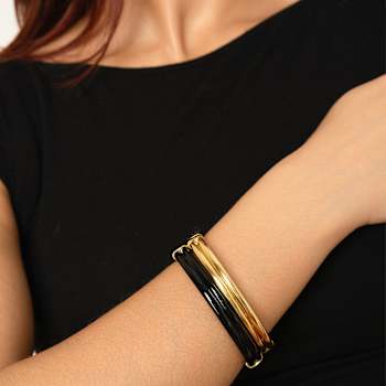 14K Gold Over Brass Black Ridge Acrylic Hinge Bangle