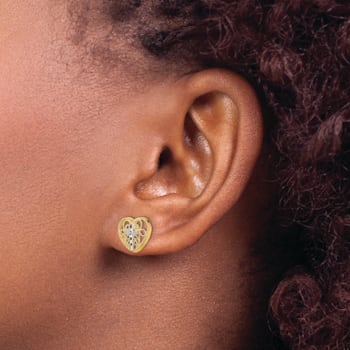 14K Yellow Gold and Rhodium Over 14K Yellow Gold Textured Filigree Cross
Center Heart Stud Earrings