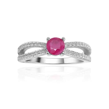 Round Ruby with White Sapphire Accents Sterling Silver Split Shank Ring, 0.60ctw