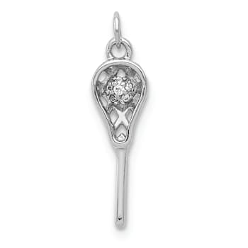 Rhodium Over 14k White Gold Textured Diamond Lacrosse Stick Pendant