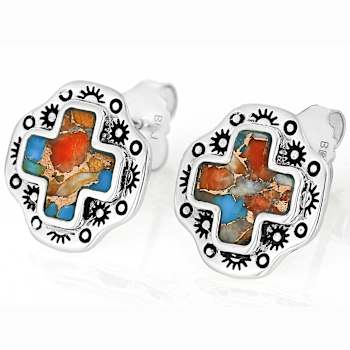 Turquoise And Spiny Oyster Shell Sterling Silver Cross Earrings