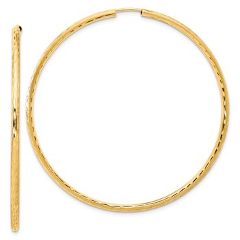 14k Yellow Gold Polished, Satin and Diamond-Cut 2 1/8" Endless Hoop Earrings