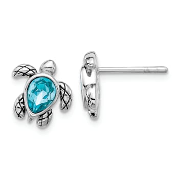 Rhodium Over Sterling Silver Antiqued Crystal December Birthstone Turtle Earrings